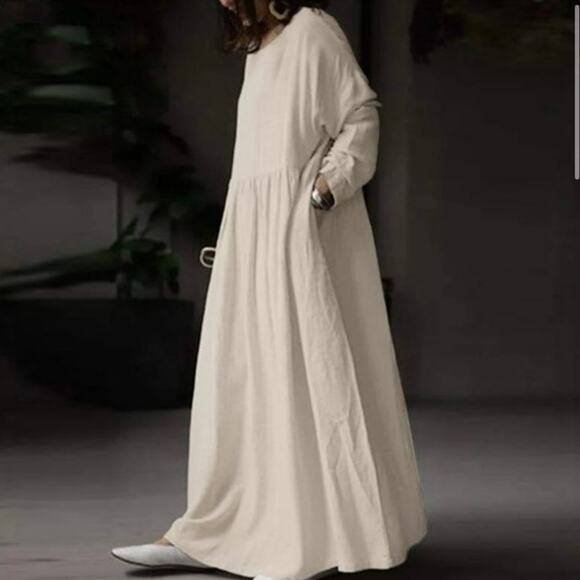 Buddha Trends Maxi Dress Size XL Mia Oversized Pleated Beige Cotton - Picture 12 of 12